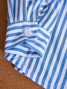 SHEIN Casuvi Kids 1套年轻男孩休闲蓝白条纹Polo领衬衫搭配深蓝色阔腿牛仔裤（开衩袖口设计），常规厚度，日常穿着，春秋季