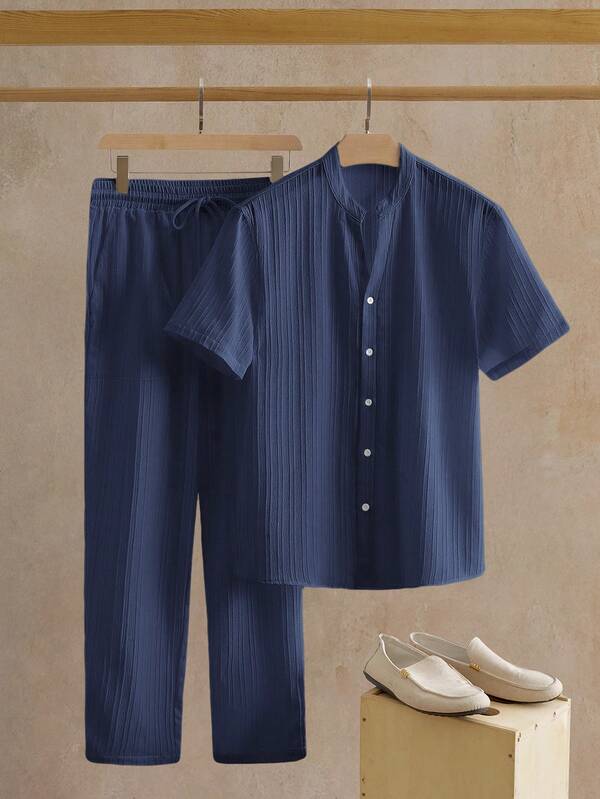 Manfinity NXTstreet Men's Business/Commute Minimalist Light Color Stand Collar Short Sleeve Shirt And Matching Pants Set Men Shirt And Pant Set Shirt And Pants Set Two Piece Men Set Blue Men Shirt Co Ords Man Clothes Set Blue