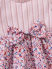 SHEIN Vintaside Kids 女婴休闲碎花长袖罗纹针织连衣裙，秋季 - 粉色 - 查看 4