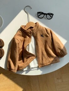 SHEIN Baby Boys Suede Thermal Lined Stand Collar Zip Up Jacket, Khaki, Suitable For Indoor, Outdoor, Casual, Sports, Play, Party Holiday, Festival, Rave In Autumn/Winter