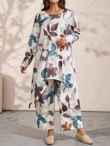 EMERY ROSE 大码女式度假植物印花长袖不对称下摆长款上衣和裤子休闲两件套秋季女装冬季女装乡村风格 - 彩色 - 查看 7