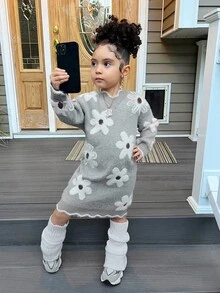 SHEIN Kleine Mädchen V-Ausschnitt Kleid mit Blumenmuster, gestrickt