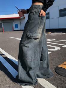 DAZY 女式口袋阔腿宽松休闲百搭牛仔裤，宽松牛仔裤 - 深灰色 - 查看 4