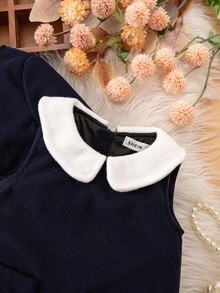 SHEIN Baby Girls Collared Sleeveless Dress & Jacket Co-Ord Set Toddler Girl Navy Dress Baby Girl School Outfit Toddler Girl Skirt Set Toddler Uniform Set Toddler Girl Clothes - Navy Blue - View 7