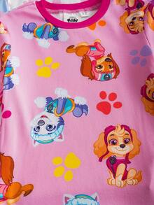SHEIN | PAW Patrol 4 件套小女孩卡通可爱小狗爪子和彩虹条纹全身印花拼色舒适家居服睡衣套装，春秋 - 粉色 - 查看 6