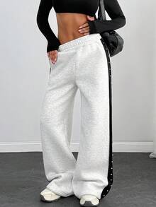 EURMUSE Rhinestone Side Detailed Brushed Light Grey Melange Sweatpants - Light Grey - View 5