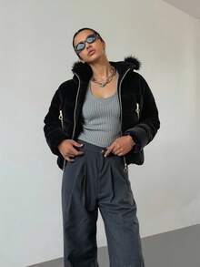 CasuGlow Zipper Detailed Shiny Winter Long Padded Coat - Black - View 3