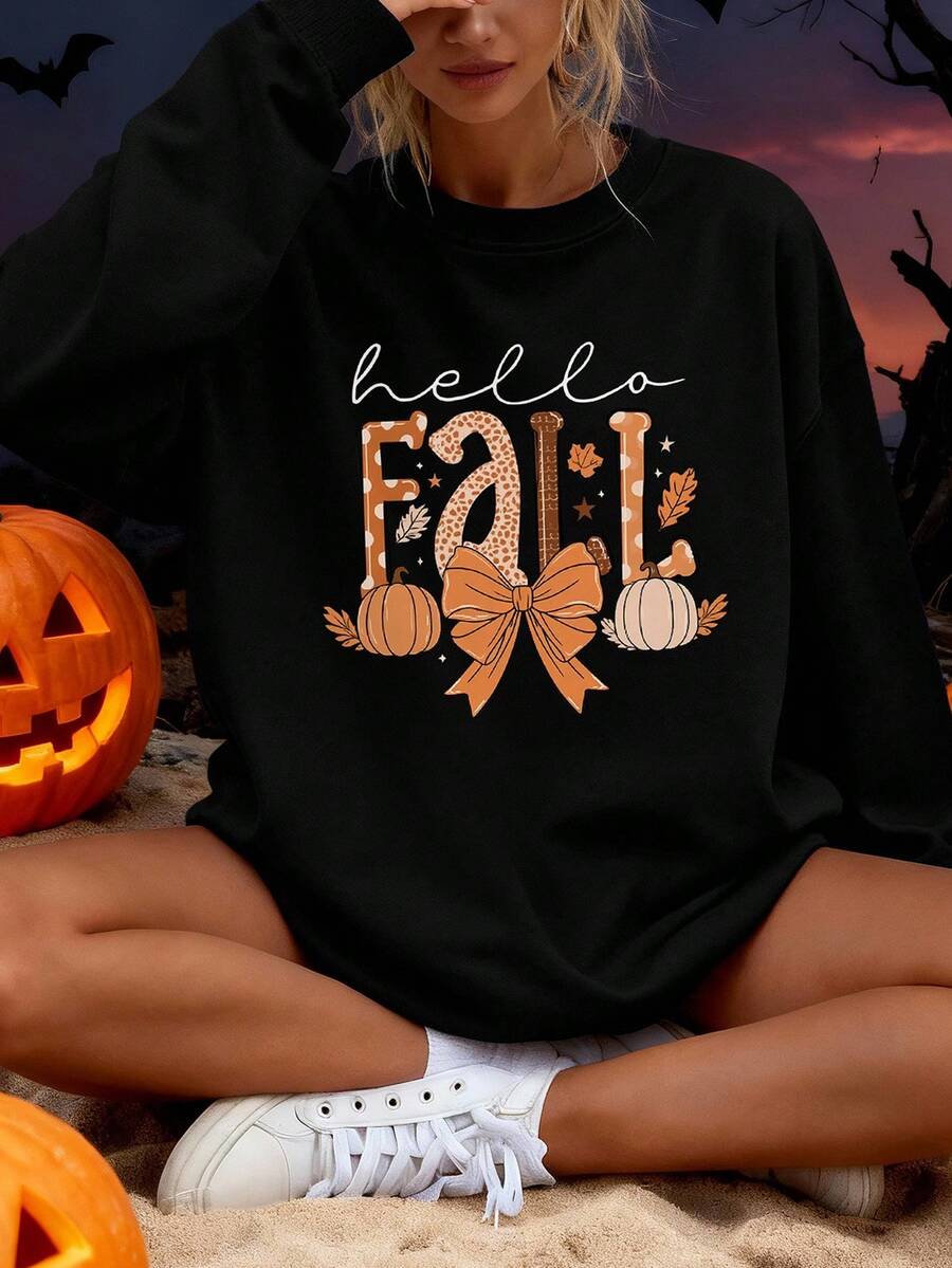 Glissea Sweat-shirt-shirt décontracté et pour femmes, coupe ample, col rond, motif citrouille d'Halloween, style minimaliste polyvalent. Automne/Hiver - Noir - Voir 1