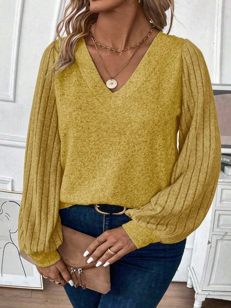 EMERY ROSE Áo thun tay đèn lồng màu trơn cỡ lớn, đa năng cho mùa thu - Màu vàng - Xem 1