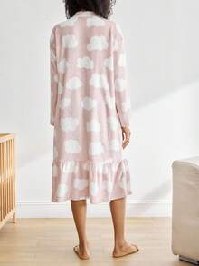 BloomMama Maternity Cloud Print Fleece Nursing Long Sleeve Fluffy Sleepwear Dress, Autumn, Cozy Baby Shower Bridesmaid Maternity Night Dusty Pink Cute Kawaii - Multicolor - View 3