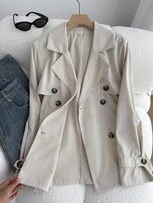 SHEIN Teen Girls Trench Coats Double-Breasted Cinched Waist Mid-Length Trench Coat Fall Winter