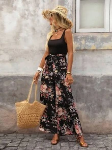 Brillora Floral Print Belted Wide Leg Jumpsuit - Black - View 1
