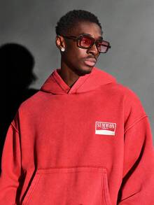 SUMWON Relaxed Fit Washed Cotton Pullover Hoodie With Drawstring Hood And Centre Pocket Street Style Casual Leisure Winter Fall Loungewear Plain - Red - View 3