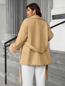 Calvaya Plus Size Plus Size Waist Pocket Splice Faux Fur Jacket - Khaki - View 2