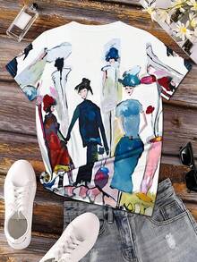 INAWLY 抽象艺术渐变扎染水墨画肖像彩色圆领短袖T恤 - 白色 - 查看 2