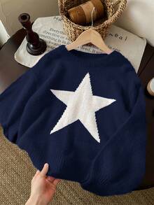 青少年女孩星星圖案圓領落肩冬季毛衣，海軍藍秋季休閒假期返校星星衛衣可愛針織衫 - 藏蓝色 - 查看 4