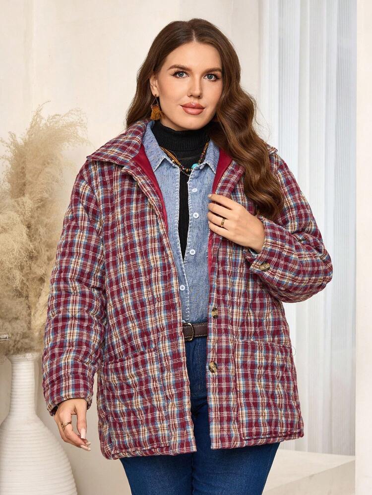 Plus Size Women Country Casual Wine Red Plaid Lapel Button Padded Coat, Winter,Going Out,2025 New,Simple And Fashionable For Everyday Wear, Winter, Christmas,New Year,Thickened Padded Coat