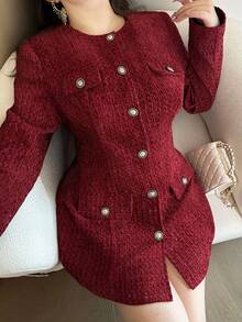 Vibekara Plus Size Elegant Red Cinched Waist Commuter Jacket - Red - View 4