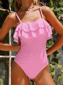Swim Mod Summer Beach Ladies' Vacation Contrast Ruffle-Trim Striped Simple Casual One-Piece Swimsuit - Multicolor - View 7