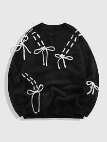 ROMWE MEN Street Life 男士休闲系带针织毛衣，秋冬 - 黑色 - 查看 1