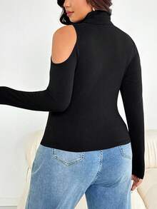 SHEIN Essnce 大码女士时尚休闲高弹舒适日常百搭修身黑色高领修身上衣，打底衫，工作服，春季款 - 黑色 - 查看 3