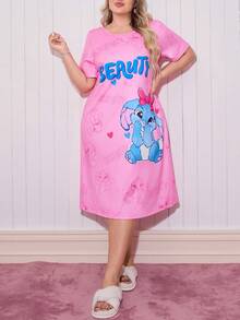 SweetSlumber Camicia da notte da donna taglia comoda con collo rotondo e maniche corte, pigiama da donna con stampe di cartoni animati, pigiama rosa carino da donna