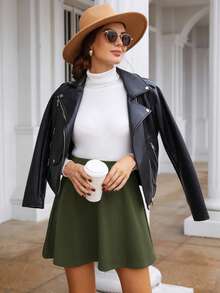 SHEIN Frenchy Women's Casual Versatile Solid Color A-Line Skirt Winter Elegant Green Christmas Spring - Army Green - View 3