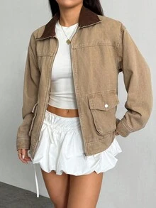 Jeanoix 女式休闲牛仔夹克，撞色领子和落肩，长袖，秋季 - 卡其色 - 查看 6