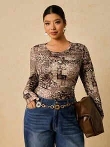 SHEIN VCAY Plus Size Women Casual Bohemian Paisley Print Round Neck Long Sleeve Pullover T-Shirt, Versatile For Holiday & Daily Wear, Autumn/Winter