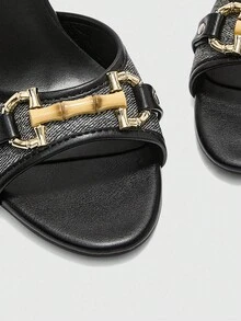 CUCCOO BIZCHIC Denim & PU Mixed Gold Bone Buckle Fashionable Mule Round Toe High Heel Sandals