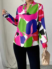 Elenzga 女式V领全印花长袖宽松时尚衬衫 - 玫紅色 - 查看 4