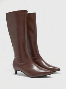 CUCCOO BIZCHIC 女士时尚棕色尖头细跟中筒靴，适合日常穿着 - 棕色 - 查看 2