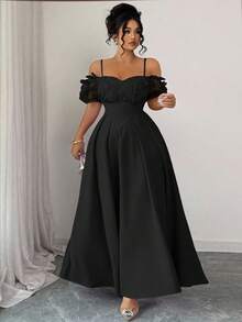 Elenzga Váy hở vai họa tiết bướm nhún eo tay ngắn cỡ lớn, dáng chữ A thanh lịch và tinh tế, màu tím - màu đen - Xem 1