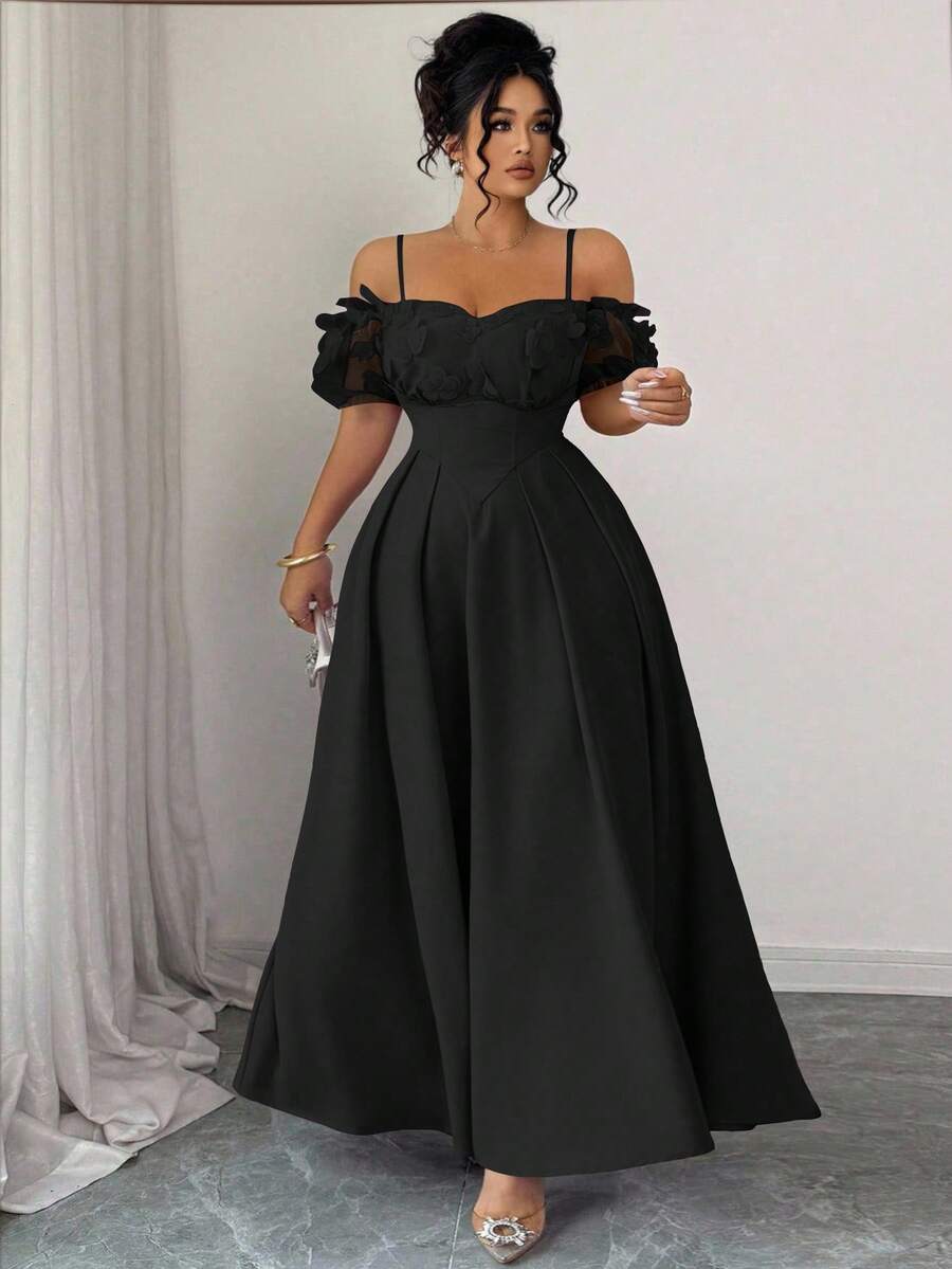 Elenzga Váy hở vai họa tiết bướm nhún eo tay ngắn cỡ lớn, dáng chữ A thanh lịch và tinh tế, màu tím - màu đen - Xem 1