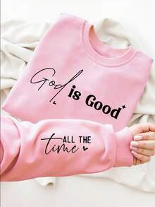 EMERY ROSE Women's Pastel Pink Crew Neck Sweatshirt,God Is Good Print Relaxed Fit Top,Applique Detail,Autumn Smart Casual Attire,Wedding Ninang,Allseason Top - Pink - View 1