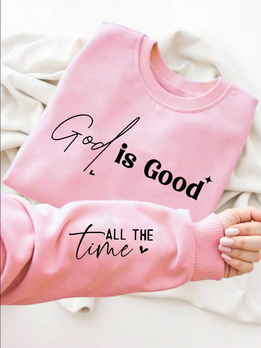 EMERY ROSE Women's Pastel Pink Crew Neck Sweatshirt,God Is Good Print Relaxed Fit Top,Applique Detail,Autumn Smart Casual Attire,Wedding Ninang,Allseason Top - Pink - View 1