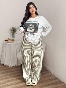 Dazy Plus 大码女式卡通猫咪印花宽松上衣和条纹裤睡衣套装，冬季、秋季服装 - 灰色 - 查看 5