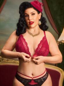 PinupPomp Front Closure, Lift & Enhance, Teardrop Cup, Lash Lace, Comfortable, Lace Patchwork, Retro, Romantic Plus Size Bra & Wireless Bra - Burgundy - View 4