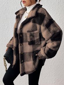 INAWLY 女士格子衬衫领口袋纽扣休闲夹克，时尚学院风 - 咖啡棕 - 查看 5