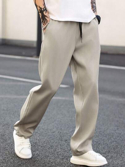 Manfinity Homme 男士基本款灰色直筒长裤平纹织物休闲风格拉链开合宽松裤宽松直筒休闲裤宽松韩版裤街头裤日式卡其色慢跑裤男，适合秋季