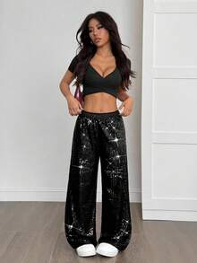 SHEIN PETITE Sequin Elastic Waist Casual Loose Drawstring Pants,Fall - Black - View 6