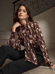 ZEYLAH Women's Elegant Leopard Print Knot Collar Lantern Sleeve Blouse, Suitable For Spring & Autumn Fall - Multicolor - View 5