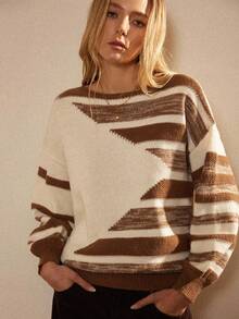 Écloséra Femmes Vintage Décontracté Épaule Tombante Manches Longues Chandail Rayé Contrasté, Automne/Hiver