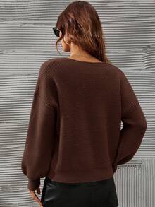 SHEIN Frenchy Áo len chui đầu tay dài cổ chữ V màu trơn, thường ngày, đa năng, thời trang thu đông cho nữ - Cà phê nâu - Xem 2