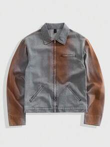 ROMWE MEN Grunge Punk Men's Street Fashion Punk Casual Zip-Up Denim Jacket With Spray Dye - Dark Grey - View 8