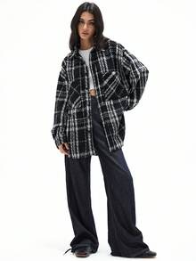 French/European Style Casual Loose Fit Colorblock Plaid Lapel Long Sleeve Woven Shacket - Multicolor - View 6