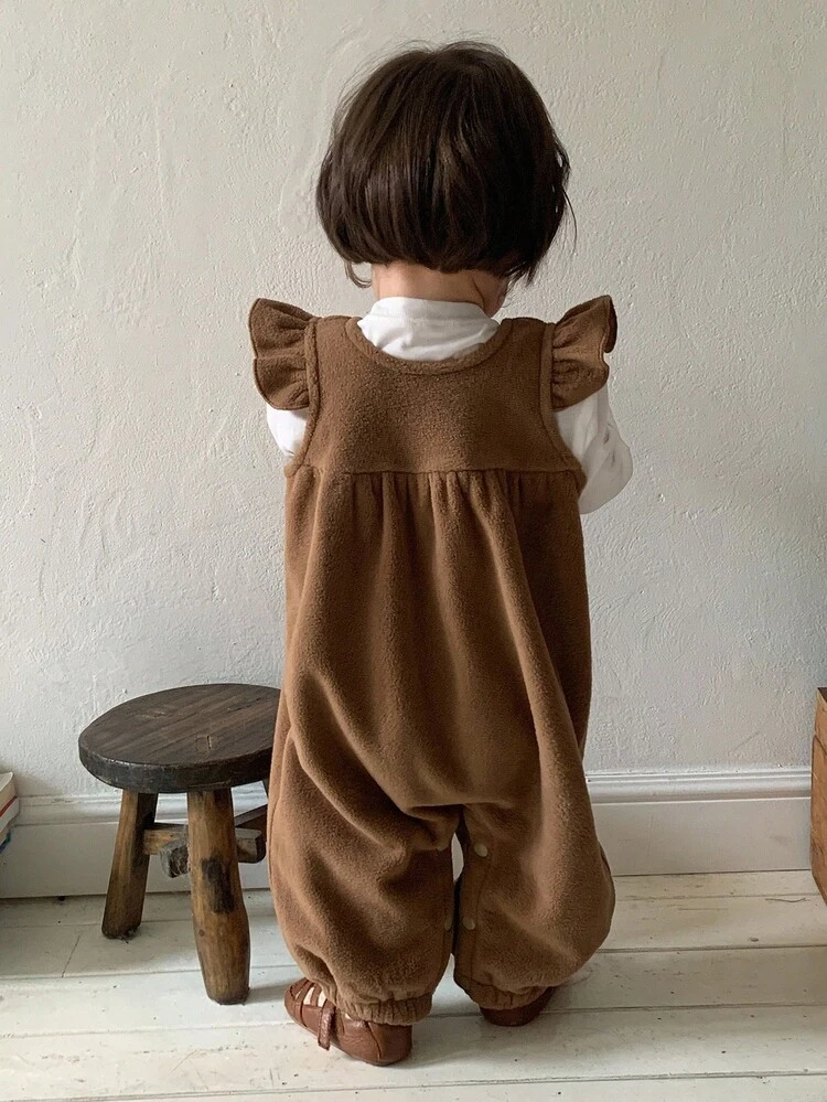 Baby Girl Round Neck Solid Color Cap Sleeve One-Piece Outfit, Korean Style, Autumn/Winter