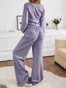 Donna 2 pezzi Set di abbigliamento da casa con top a maniche lunghe e collo rotondo e pantaloni in maglia a costine, comodo e rilassante