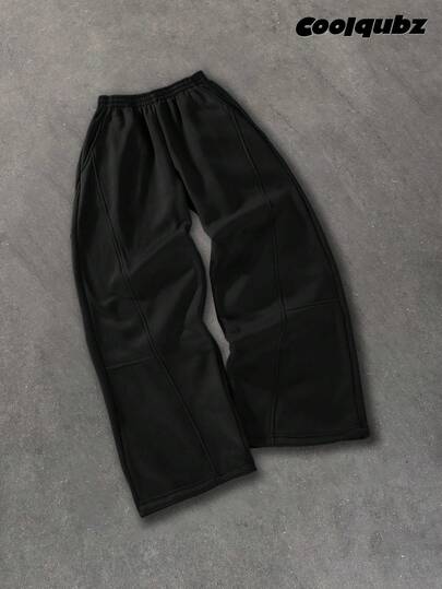 SHEIN Teens/Youth Casual Loose Fit Patchwork Black Straight Leg Sweatpants, Versatile Sports Pants Fall Winter