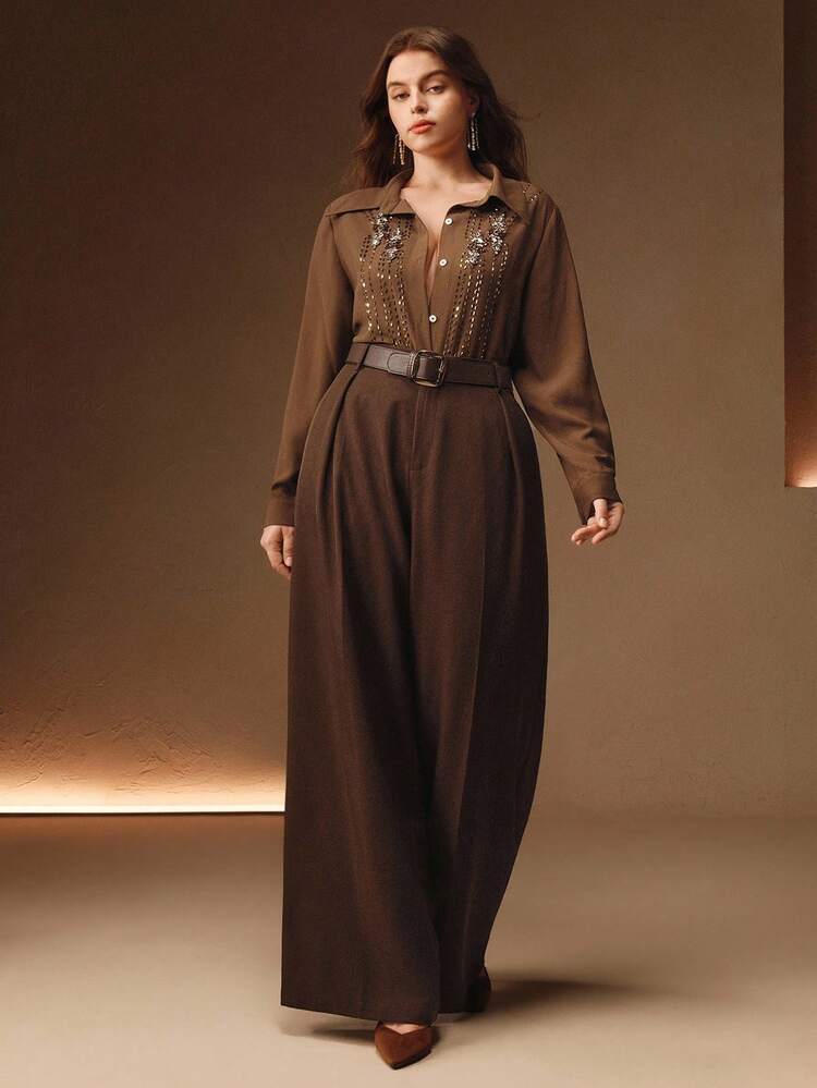 Plus Size Women Long Sleeve Front Button Shiny Casual Versatile Elegant Blouse